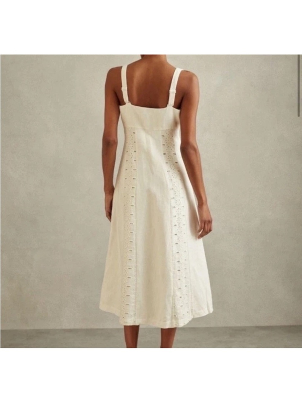 REISS Clarise Embroidered Eyelet Linen Midi Dress Size 6 Ivory White Graduation - Picture 3 of 16